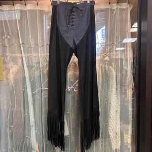 nwt denim western fringe pants cowboy aspen high waist lace up jeans black